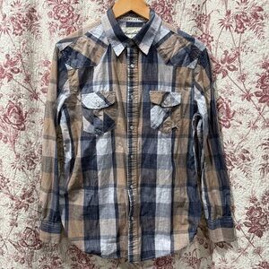 Coastal Plaid Western Snap Shirt Tan Blue Size Medium